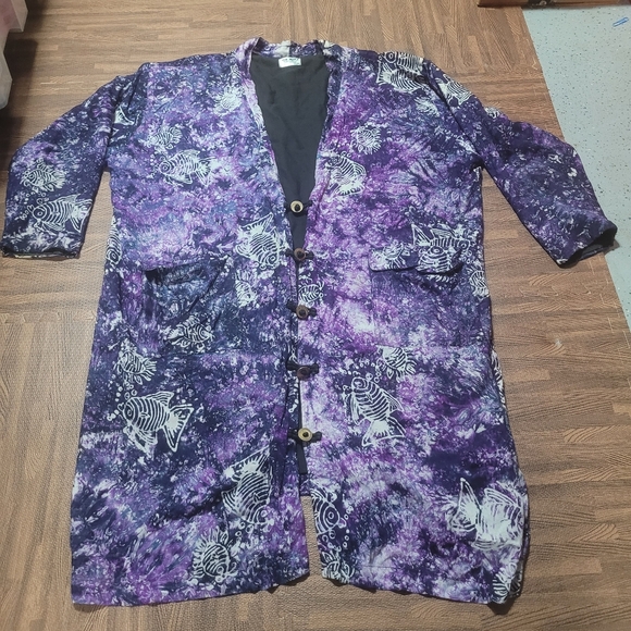 Ok Mike Women FIsh Print Pattern Longsleeves Long Rayon coat Cardigan - Picture 3 of 13